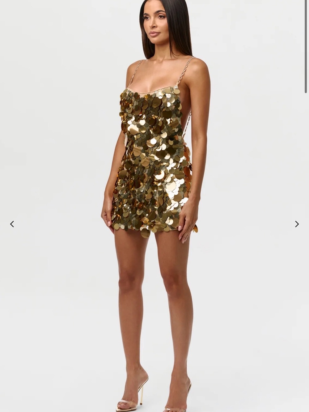 naked wardrobe Gold Sequin Circle Mini Dress with Chain Straps